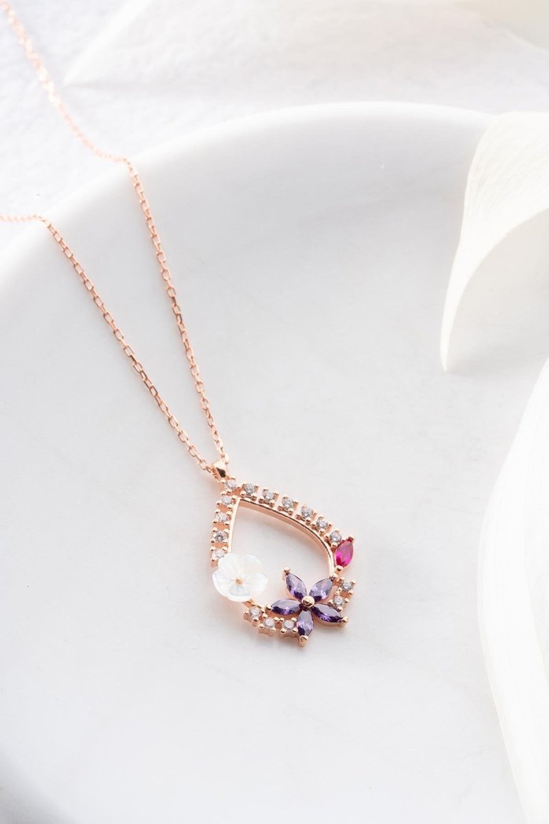 Nereze | Magnolia Blossom Purple Camellia Flower Detail Drop Necklace - TryAladdin