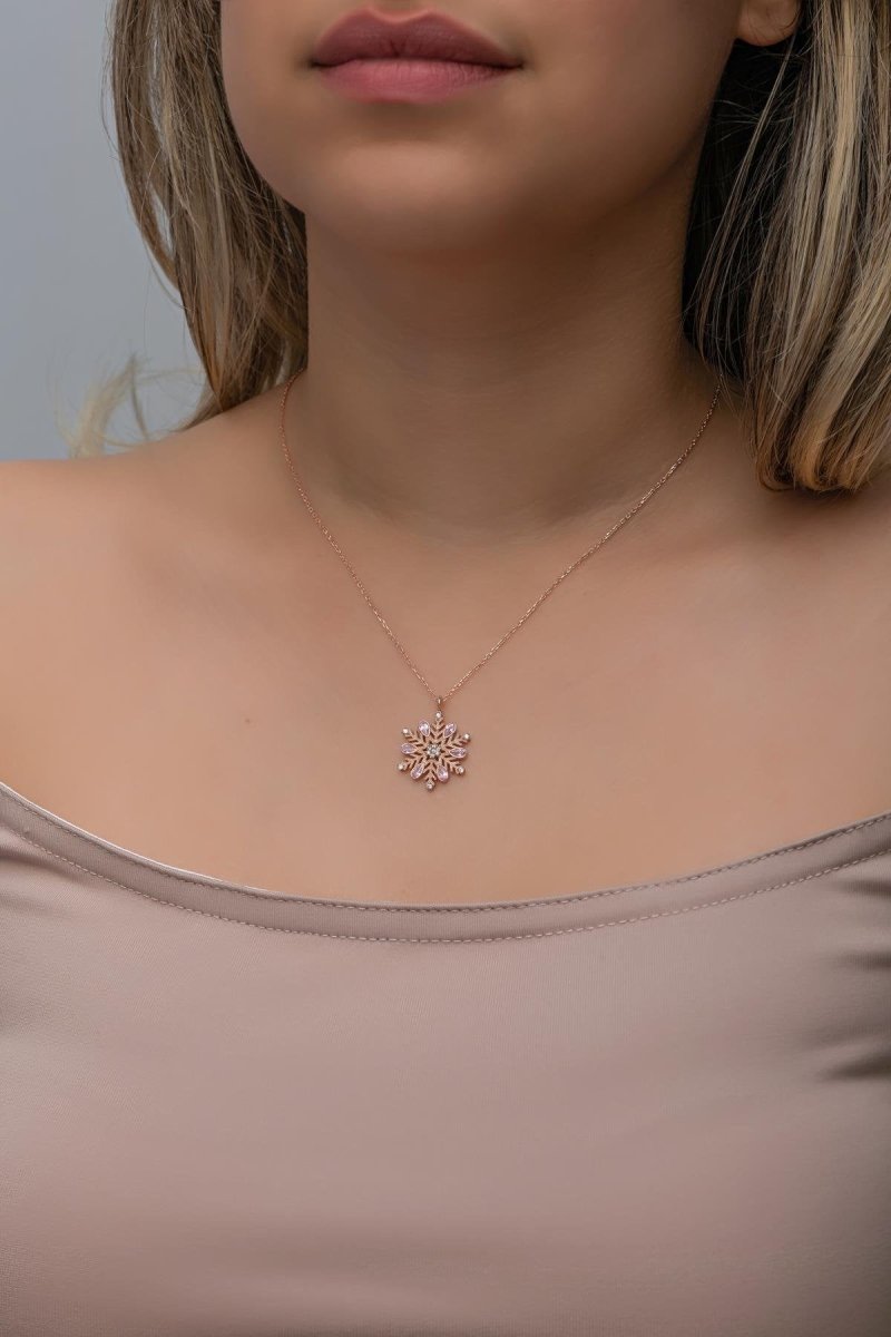 Nereze | Rose Plated Snowflake Necklace with Pink Stone - TryAladdin