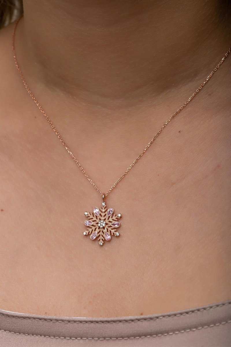 Nereze | Rose Plated Snowflake Necklace with Pink Stone - TryAladdin