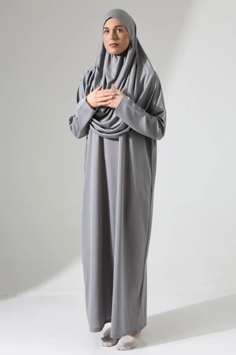 One Piece Prayer Dress with Headscarf - Gray - TryAladdin