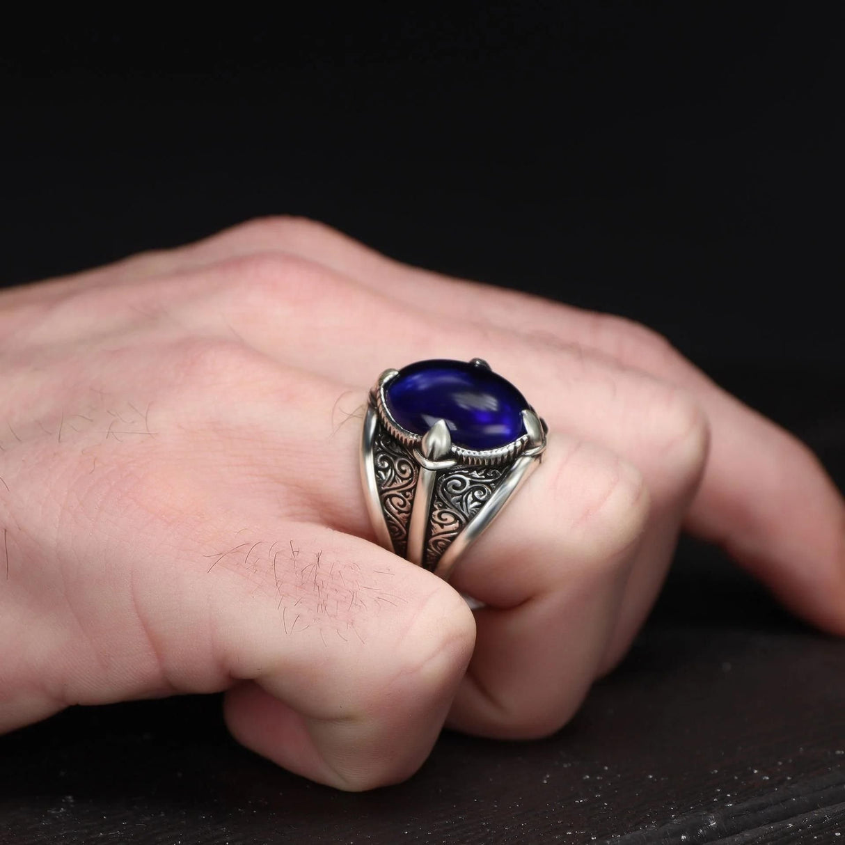 Tesbihevim | Men's Silver Ring with Parliament Blue Stones - TryAladdin