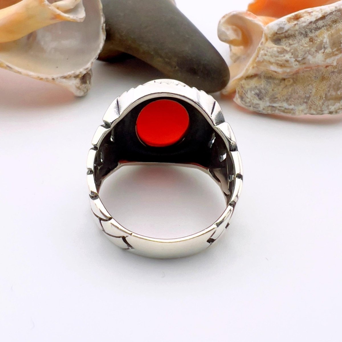 Red Oval Agate Stone Men's Silver Ring - TryAladdin