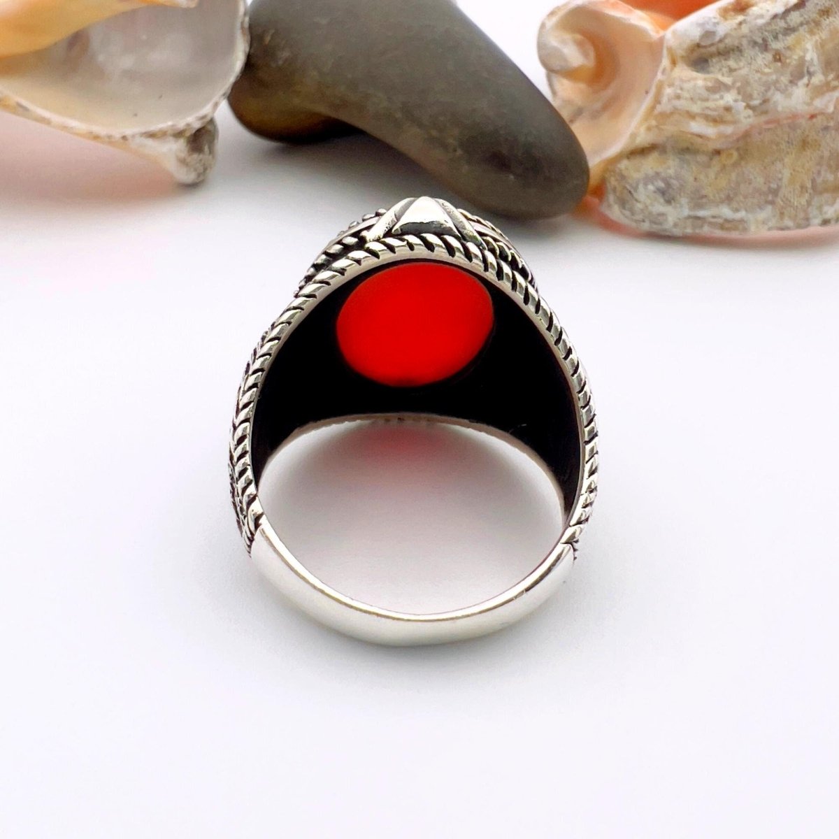 Red Oval Agate Stone Silver Men's Ring - TryAladdin