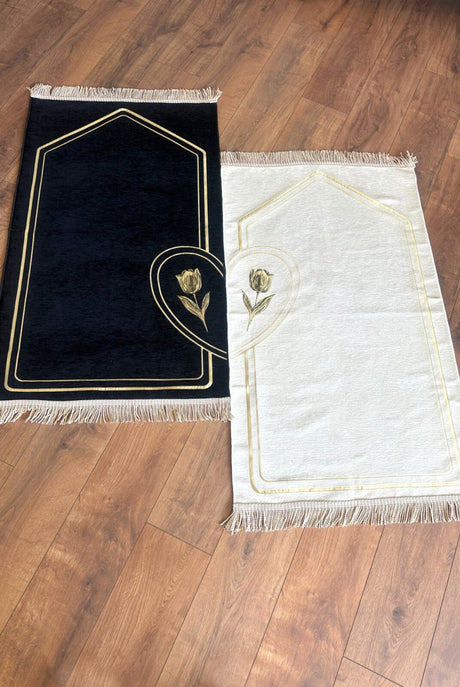 Rose Embroidered Unlined Soft Textured Chenille Prayer Rug Set with Hearts for Couples Cream Black - TryAladdin