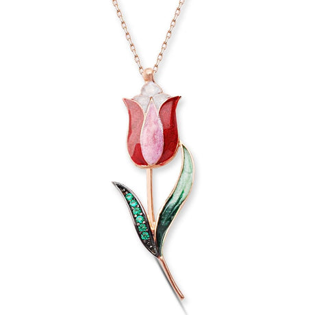 Taki | Tulip Silver Necklace Red Enamel Green Stone - TryAladdin