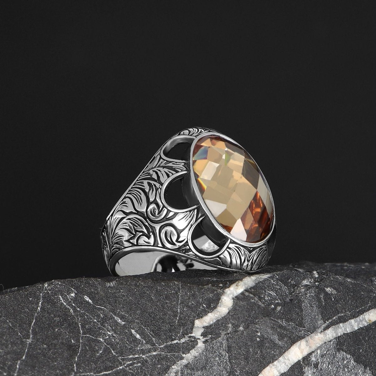 Tesbihevim | Patterned Model Citrine Stone Silver Ring for Men - TryAladdin