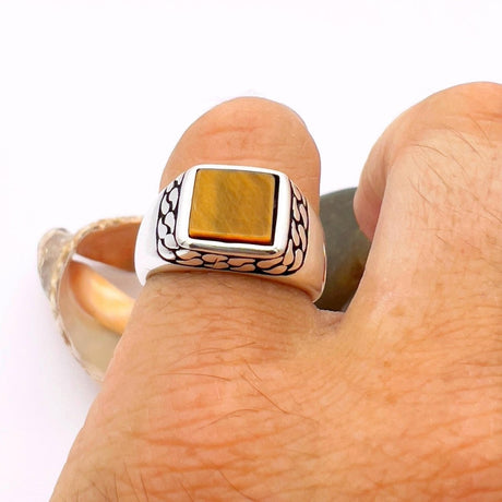 Tiger's Eye Squared Stone Ring Men - TryAladdin