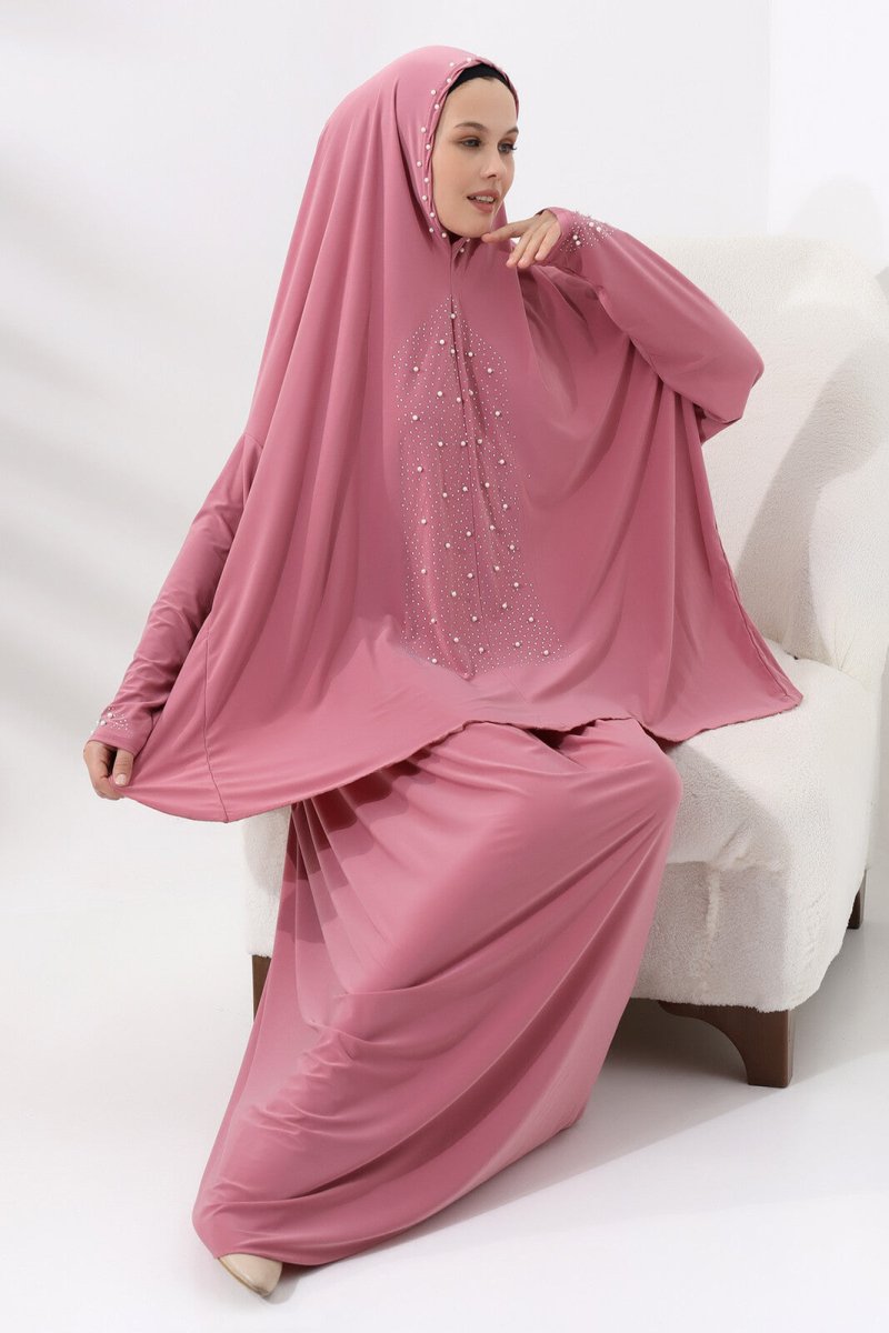 Two Piece Prayer Dress with Pearls and Stones, Top and Bottom Practical Dress Pink - TryAladdin