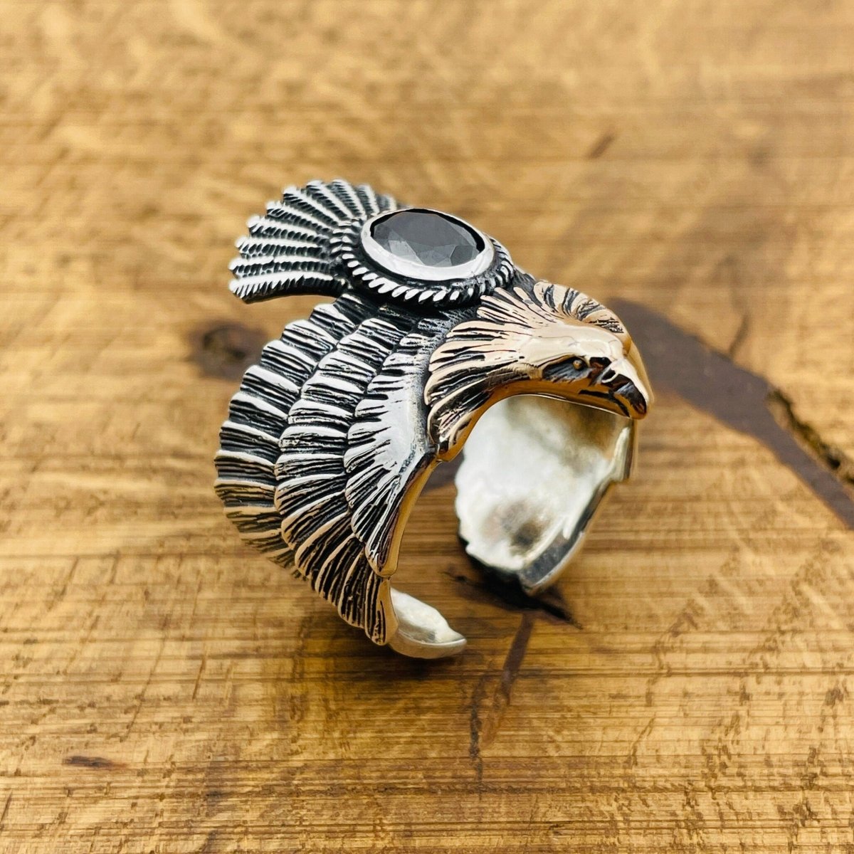 Unisex Adjustable Eagle Silver Ring with Black Onyx Stone - TryAladdin