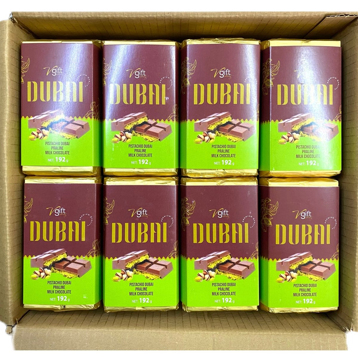 V - Gift Pistachio Praline Dubai Chocolate Bar – Crispy & Nutty Delight 192g - TryAladdin