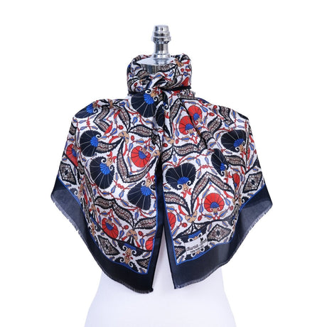 Karanfil Elegant Silk Scarf in Black, Orange & Blue - TryAladdin