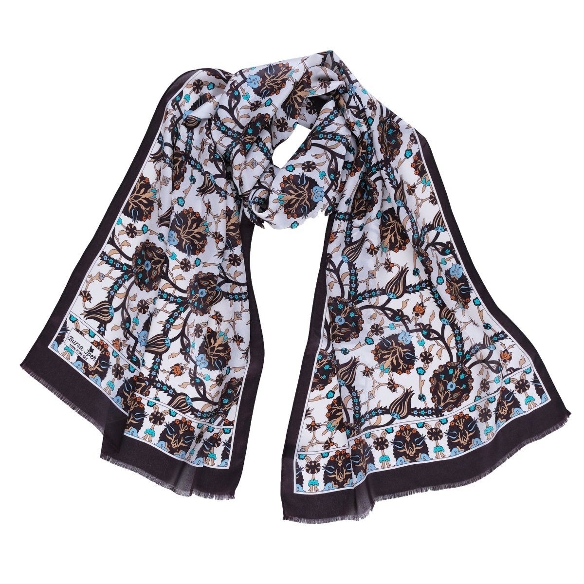 Lale Elegant Silk Scarf in Brown, Orange, Turquoise & Cream - TryAladdin