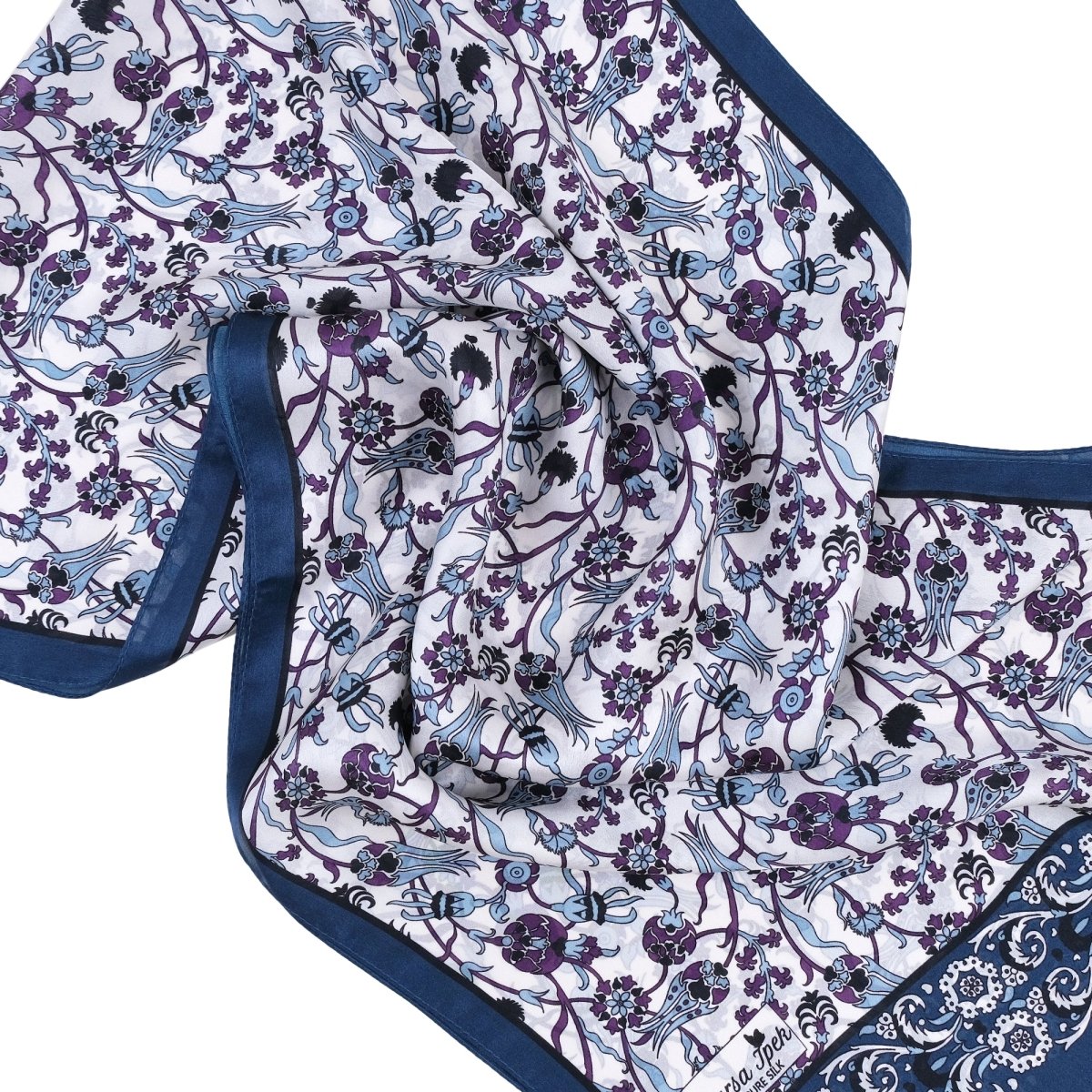 Sira Lale Elegant Silk Scarf in Blue and Black - TryAladdin